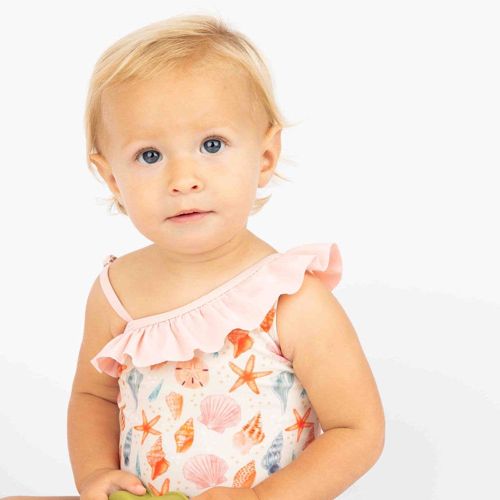 Sandy Seashells Beachy Girls Swimsuit One Piece Bathing Suit: Beige/Multi / 12-18M