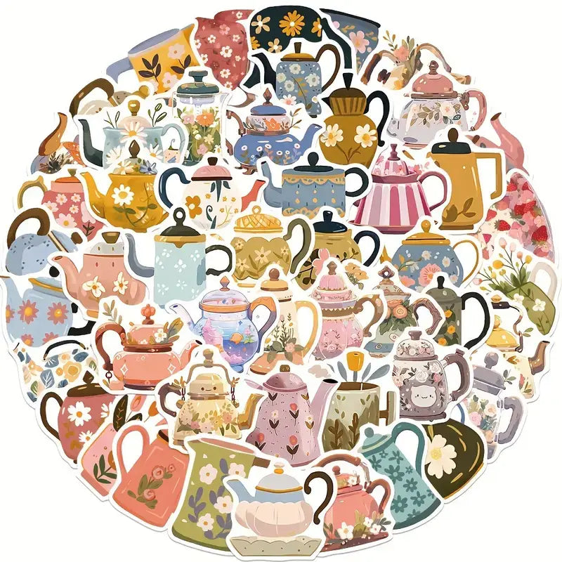 Vibrant Teapot Floral DIY Stickers - Waterproof Goodness!: 10 Stickers