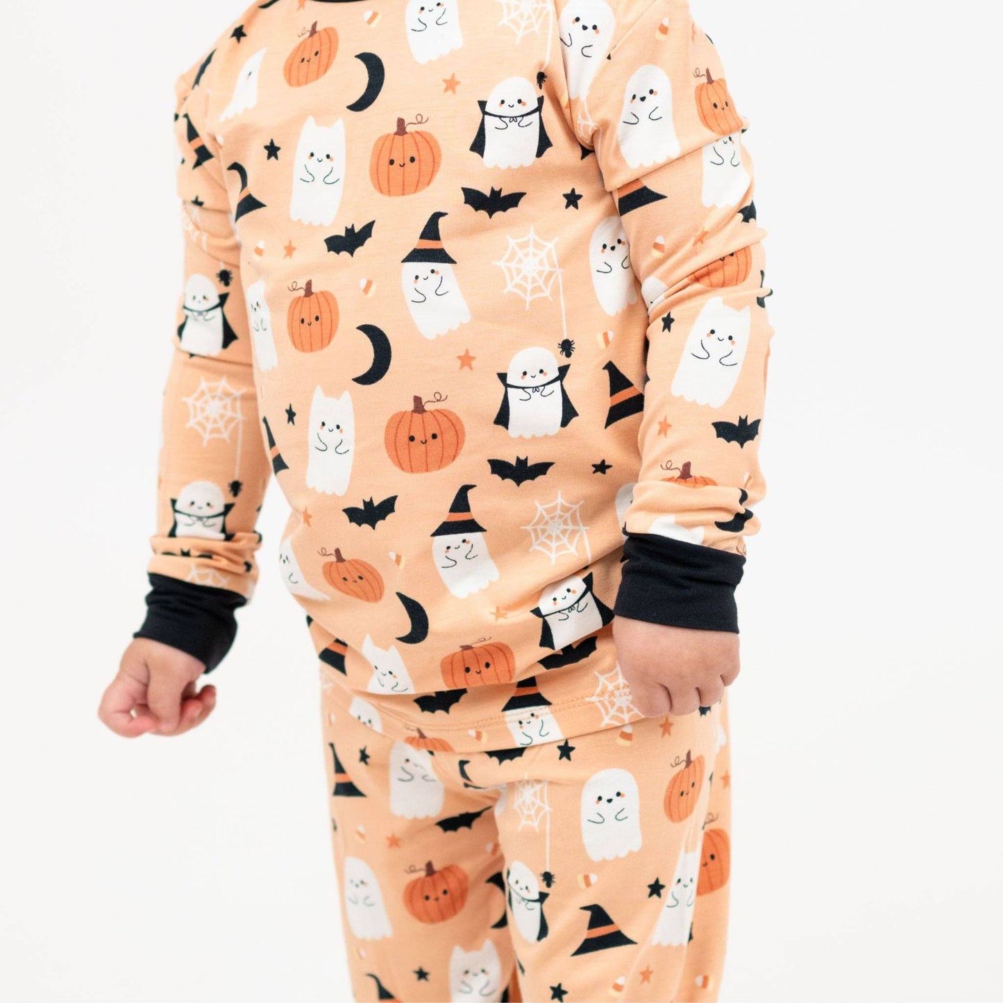 Boo-Tastic Glow-in-the-Dark Halloween Two-Piece Bamboo Long Sleeve Kids Pajama Pants Set: Orange/Multi / 2T
