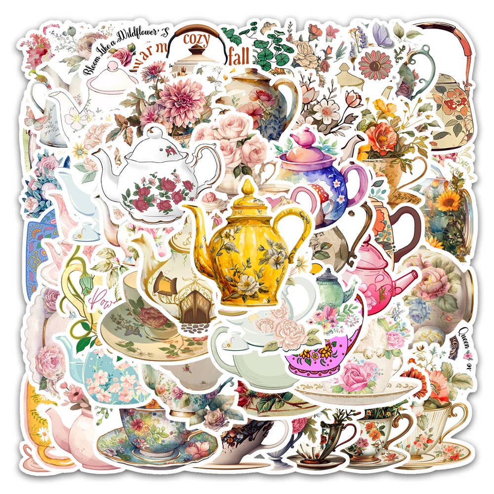 Vintage Floral Teapot & Teacup Stickers - Victorian Style: 10 Stickers