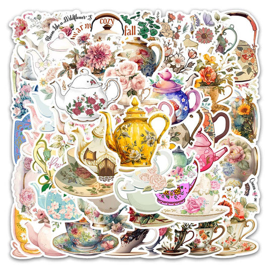 Vintage Floral Teapot & Teacup Stickers - Victorian Style: 10 Stickers