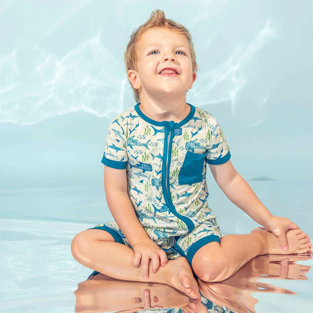 Shark Friends Bamboo Baby Shortie Romper Jumpsuit: Blue/Multi / 12-18M