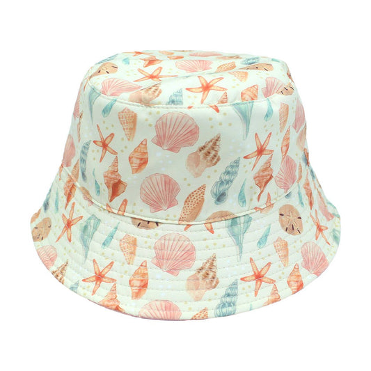 Sandy Seashells Pink Reversible Beach Baby Bucket Hat: Beige/Multi / Kids