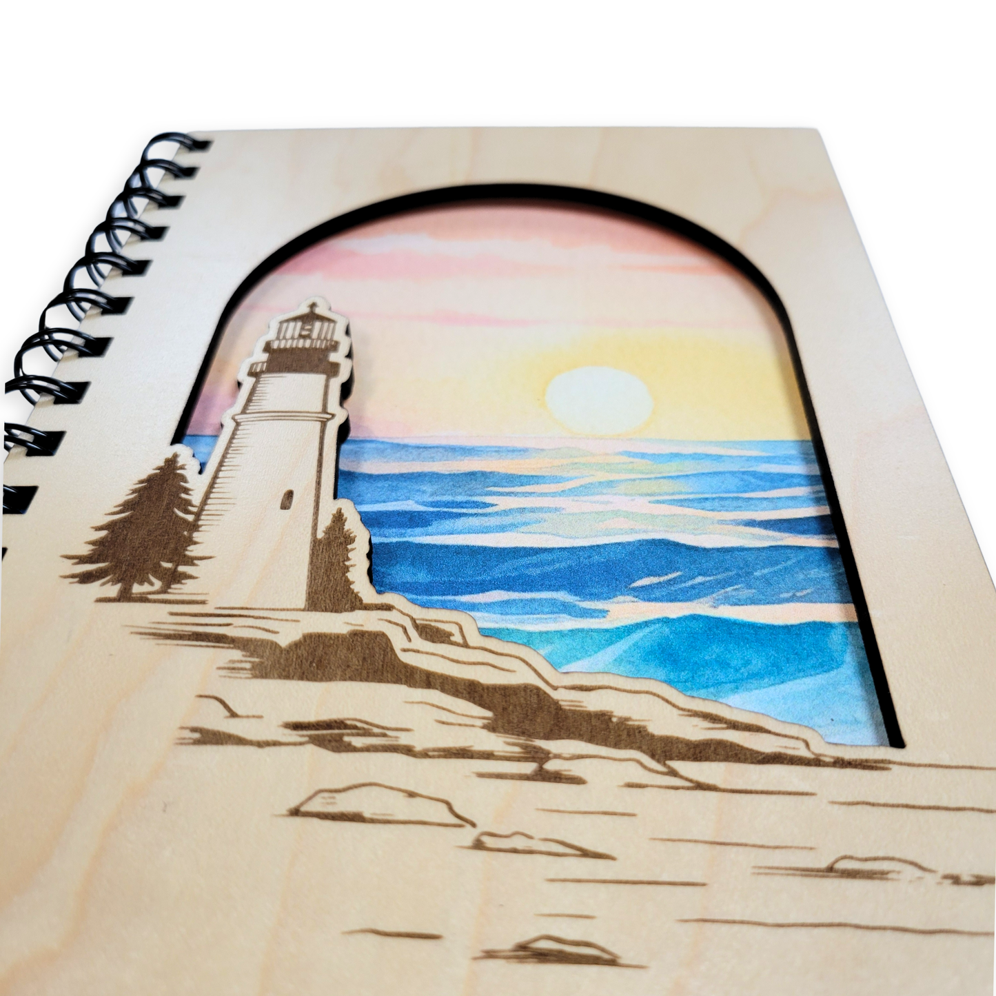 Beach Lighthouse Sunset Wood Journal - Stationery, Notebook: Lined