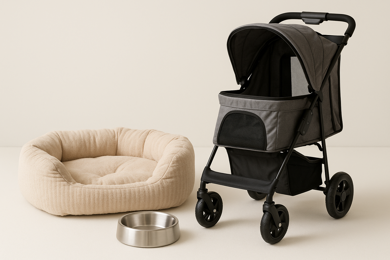 dog bed and water bowl and pet stroller