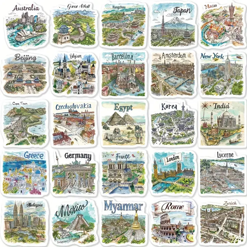 Vintage World Landmark Travel Stickers – cool illustrations: 10 Stickers