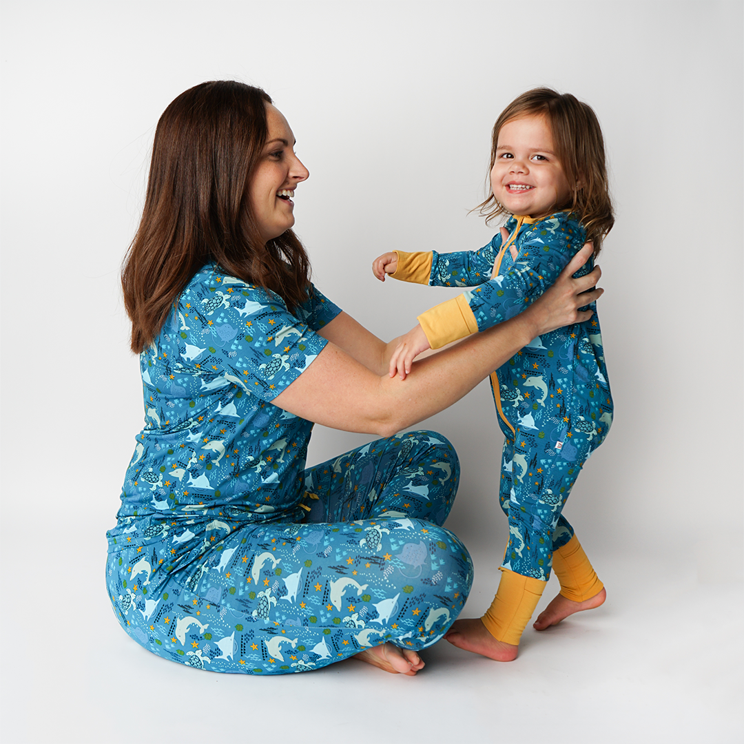 Ocean Friends Bamboo Pajama Convertible Footie Romper: Blue / 12-18M