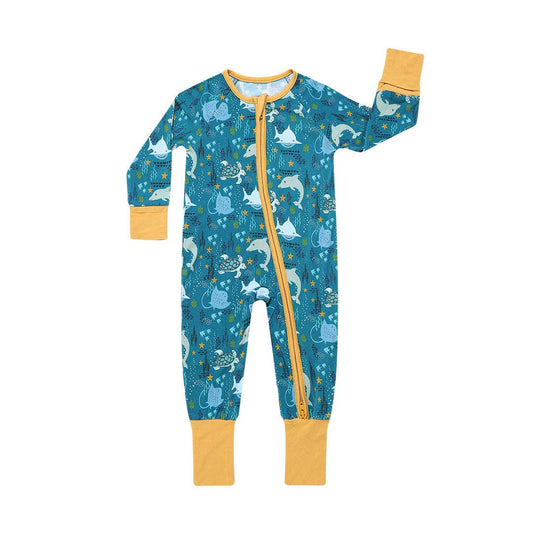 Ocean Friends Bamboo Pajama Convertible Footie Romper: Blue / 3-6M
