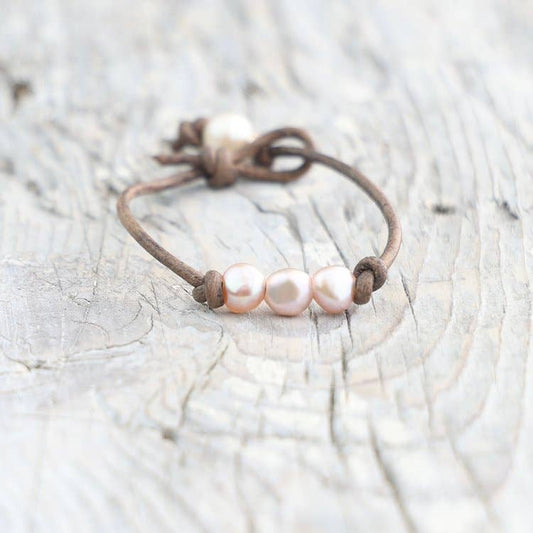 Pink Pearl Triple Bracelet: Beach Stone / 7"